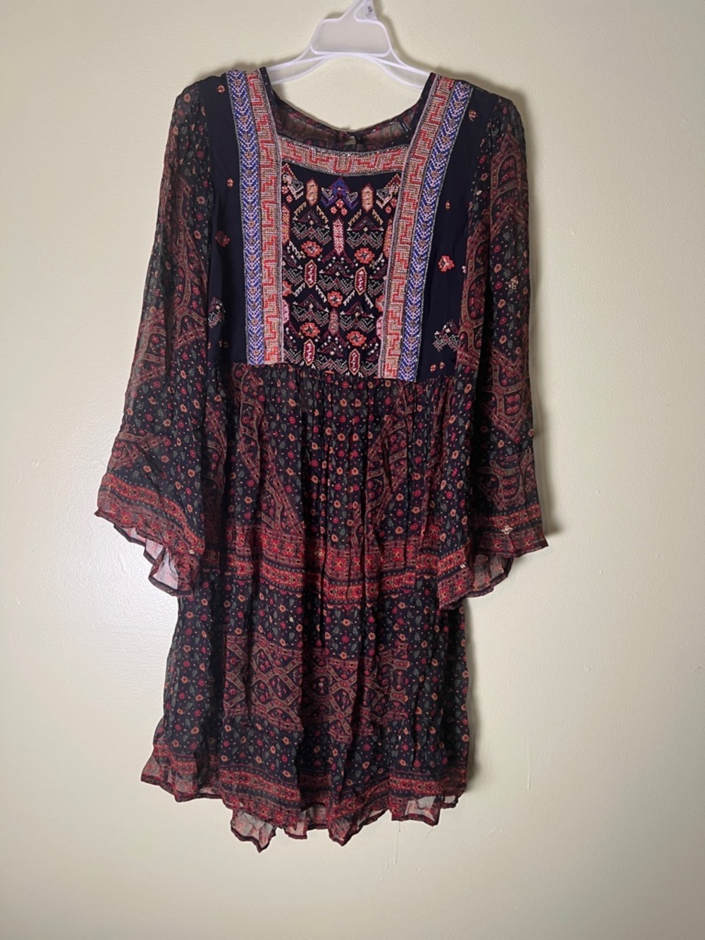 Embroidered Boho Long-Sleeve Dress in Black and Red